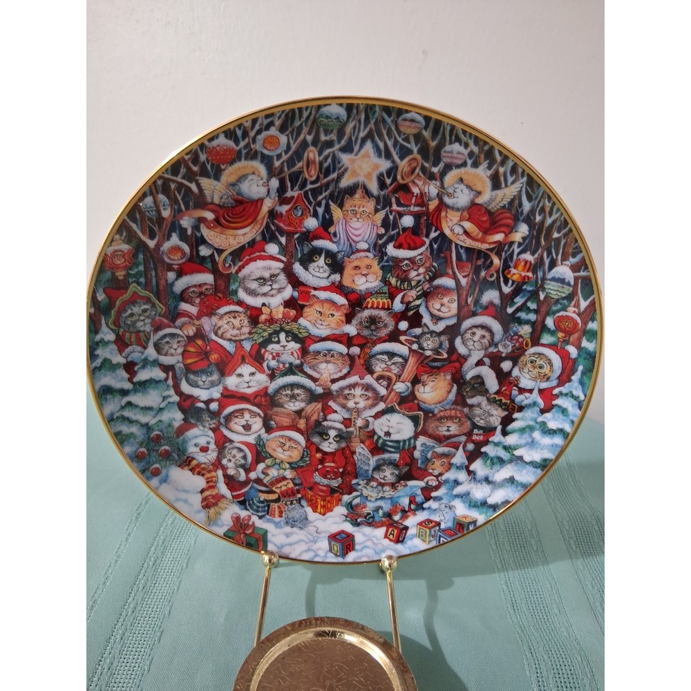 Franklin Mint Bill Bell Santa Claws Limited Edition Christmas Cat Plate Gold Rim